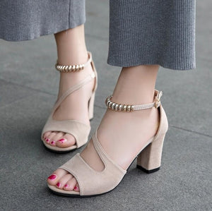 2020 fashion sexy fish mouth hollow Roman sandals thick with beaded high heels female summer Sexy female sandals