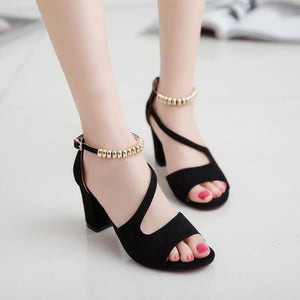 2020 fashion sexy fish mouth hollow Roman sandals thick with beaded high heels female summer Sexy female sandals