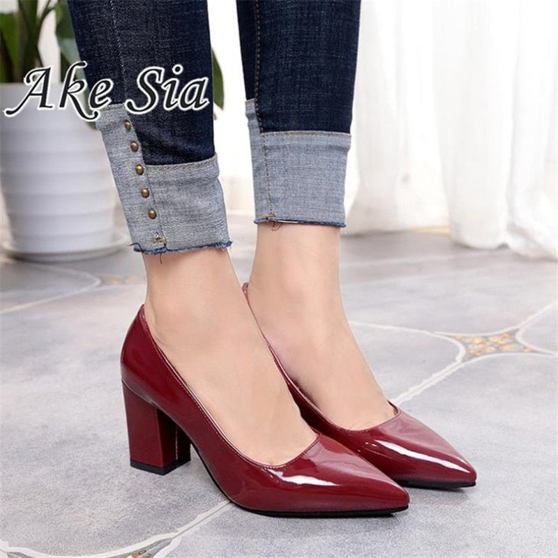 2020 New Women Pumps Black High heels 7.5cm Lady Patent leather Thick with Autumn Pointed Single Shoes Female Sandals Big 33-43