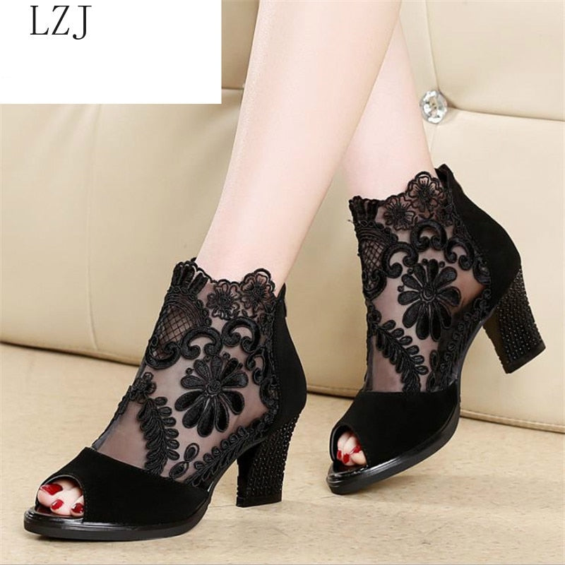 Summer mesh Peep Toe sandals sexy heels single shoes women shoes in Europe and America 2018 spring and summer gauze mujer