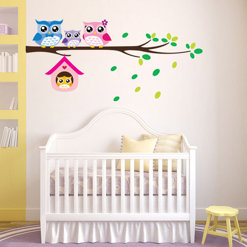 Cartoon Owl family on tree Wall Stickers for kids rooms home decoration nursery Mural Art Decals animals  sticker wallpaper