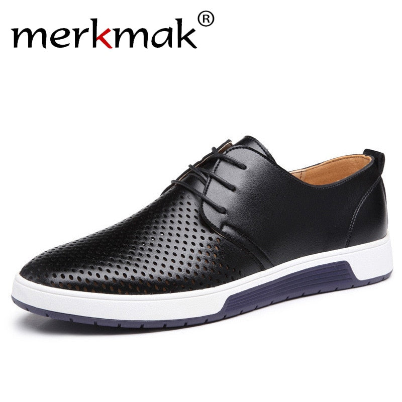 Merkmak New 2019 Men Casual Shoes Leather Summer Breathable Holes Luxurious Brand Flat Shoes for Men Drop Shipping