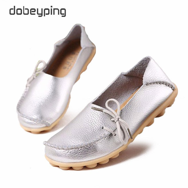 New Moccasins Women Flats 2019 Autumn Woman Loafers Genuine Leather Female Shoes Slip On Ballet Bowtie Women's Shoe Size 35-44