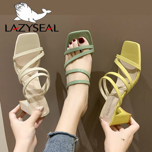 LazySeal Square Heel Slip On Shoes For Women Slippers High Heel Pumps New Summer Beach Ladies Slides Bohemian Female Dress Shoes