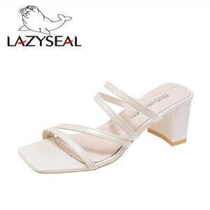 LazySeal Square Heel Slip On Shoes For Women Slippers High Heel Pumps New Summer Beach Ladies Slides Bohemian Female Dress Shoes