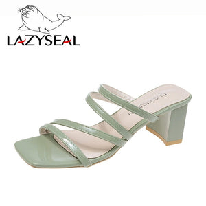 LazySeal Square Heel Slip On Shoes For Women Slippers High Heel Pumps New Summer Beach Ladies Slides Bohemian Female Dress Shoes