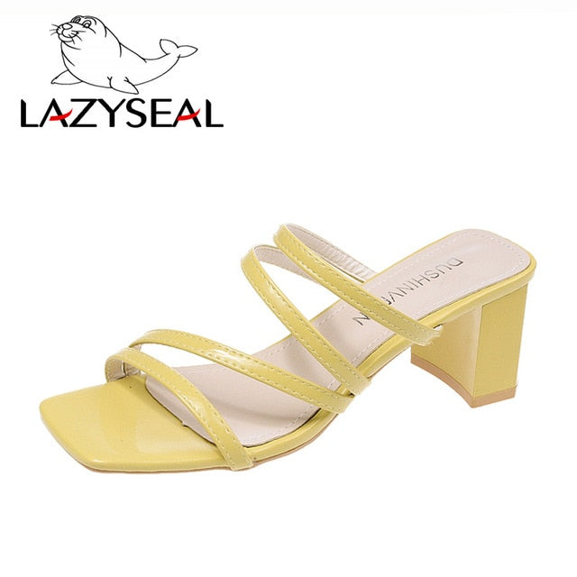 LazySeal Square Heel Slip On Shoes For Women Slippers High Heel Pumps New Summer Beach Ladies Slides Bohemian Female Dress Shoes