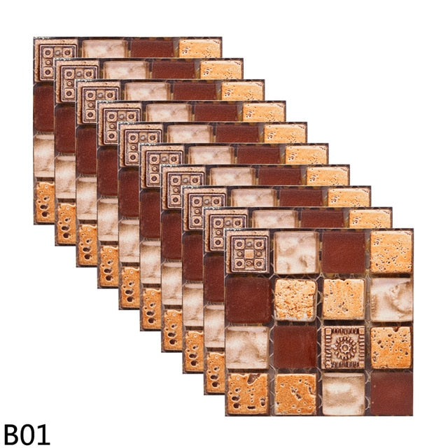 10pcs 10*10CM Mosaic Waterproof Wall Stickers Simulation Tiles Self Adhesive Wall Stickers DIY Home Bathroom Kitchen Decorations