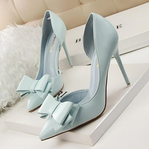 2019 Fashion Delicate Sweet Bowknot High Heel Shoes Side Hollow Pointed Women Pumps Pointed Toe 10.5CM thin Dress Shoes