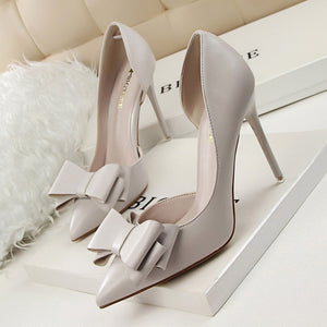 2019 Fashion Delicate Sweet Bowknot High Heel Shoes Side Hollow Pointed Women Pumps Pointed Toe 10.5CM thin Dress Shoes