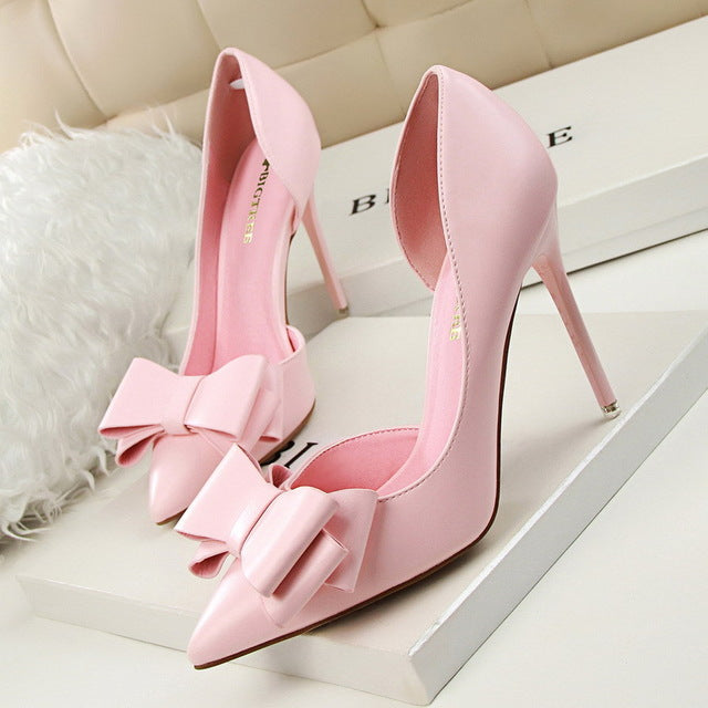 2019 Fashion Delicate Sweet Bowknot High Heel Shoes Side Hollow Pointed Women Pumps Pointed Toe 10.5CM thin Dress Shoes