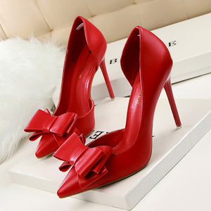 2019 Fashion Delicate Sweet Bowknot High Heel Shoes Side Hollow Pointed Women Pumps Pointed Toe 10.5CM thin Dress Shoes