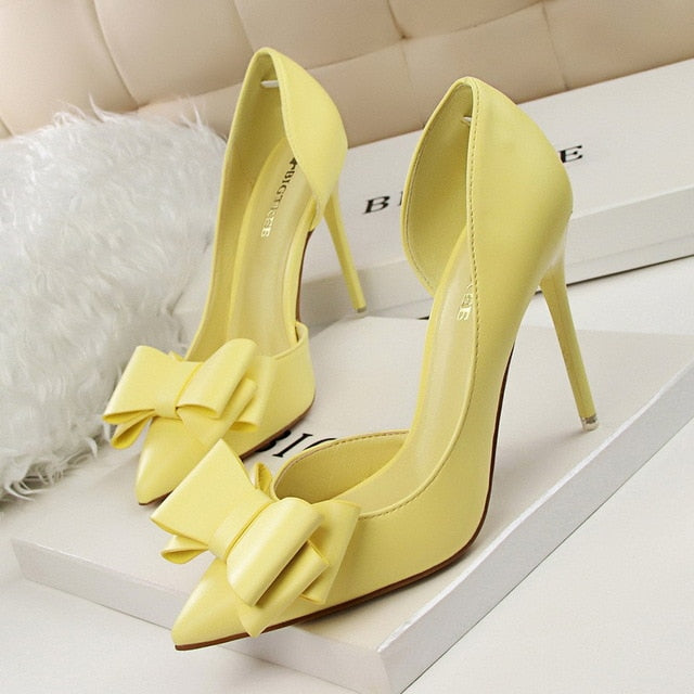 2019 Fashion Delicate Sweet Bowknot High Heel Shoes Side Hollow Pointed Women Pumps Pointed Toe 10.5CM thin Dress Shoes