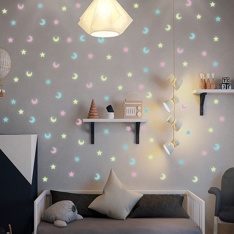 100pcs Luminous Mixed Color Star Moon 3D Wall Sticker kids baby rooms living room Glow in the dark home decorations Stickers