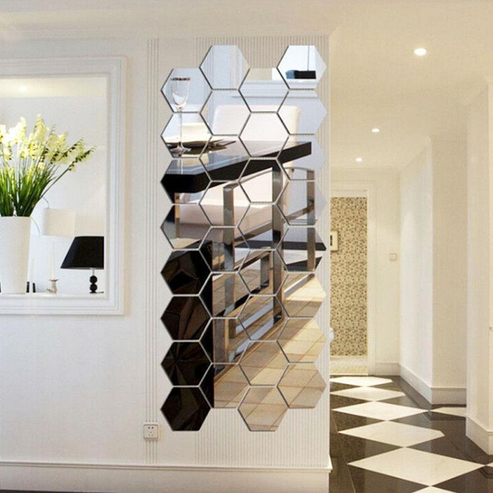 12pcs/set 3D Hexagon Acrylic Mirror Wall Stickers DIY Art Wall Stickers Living Room Mirrored Decorative Stickers