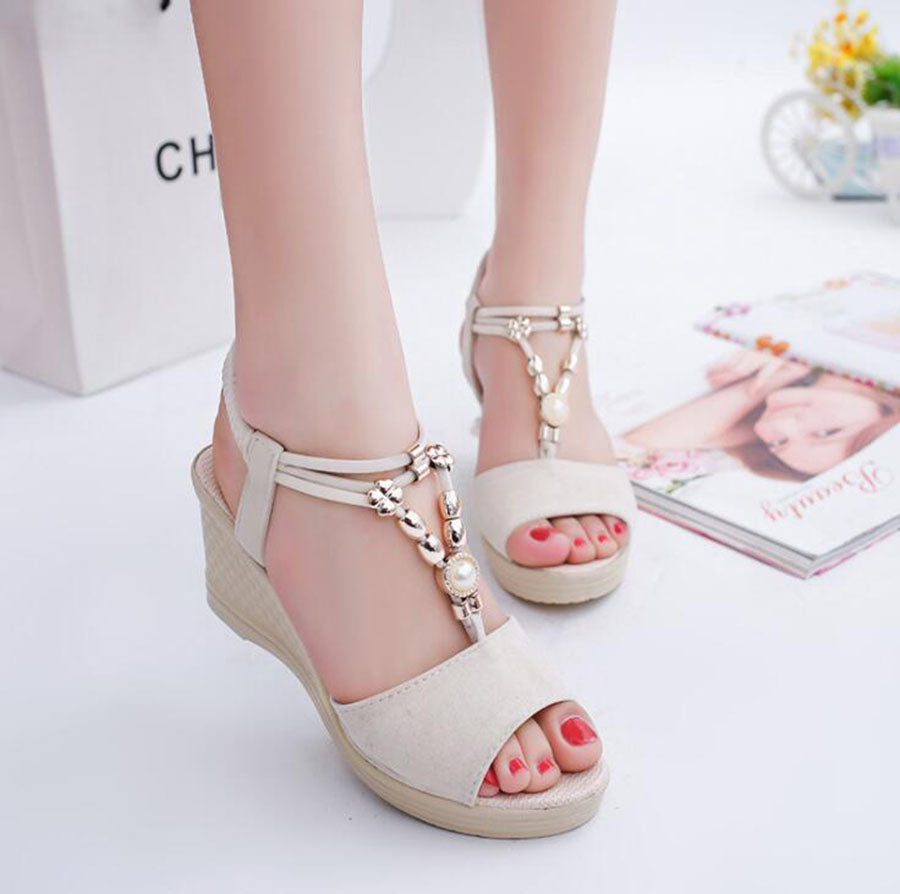 Summer Sweet and Comfortable Fish Mouth Open Toe Sandals Chic Fashion Beaded Rhinestone Decoration Daily Wedge Nice Women'Shoes