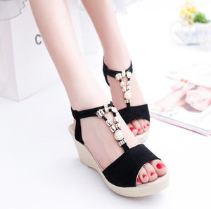 Summer Sweet and Comfortable Fish Mouth Open Toe Sandals Chic Fashion Beaded Rhinestone Decoration Daily Wedge Nice Women'Shoes